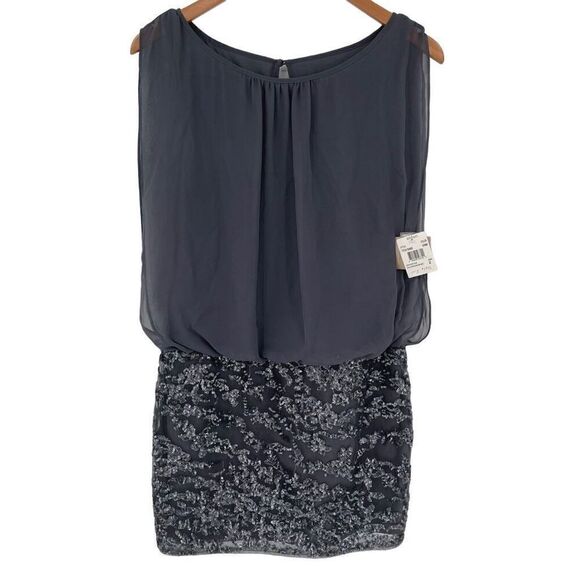 Aidan By Aidan Mattox Sleeveless Chiffon Blouson Sequin Mini Dress US 2 Gunmetal - Picture 2 of 8